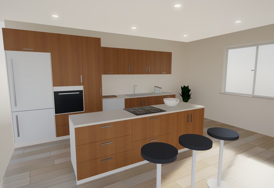 Cocina de muestra diseñada en 3D con frentes en Roble Kendal Coñac