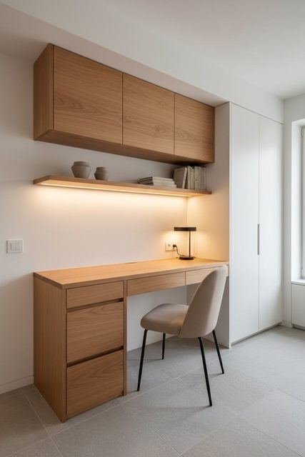 Escritorio de roble con estante iluminado